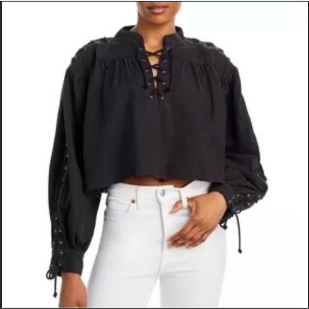 Re/Done Black Pirate Keyhole Mock Neck Top Size S